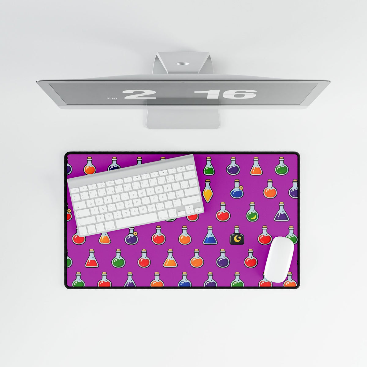 Potion bottle desk mat featuring a vibrant potion illustration, perfect for home decor and extended mousepad use.