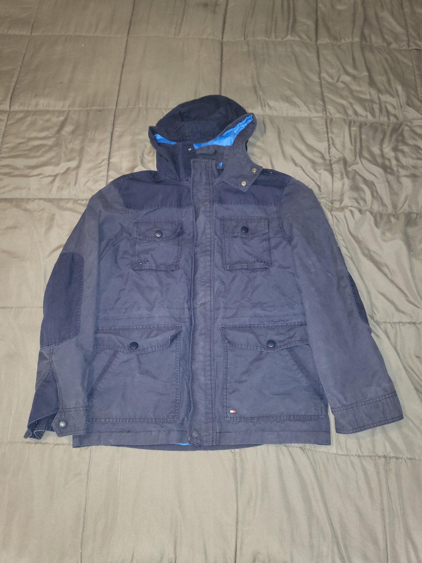 Navy Tommy Hilfiger bomber jacket with hood and 4 front pockets