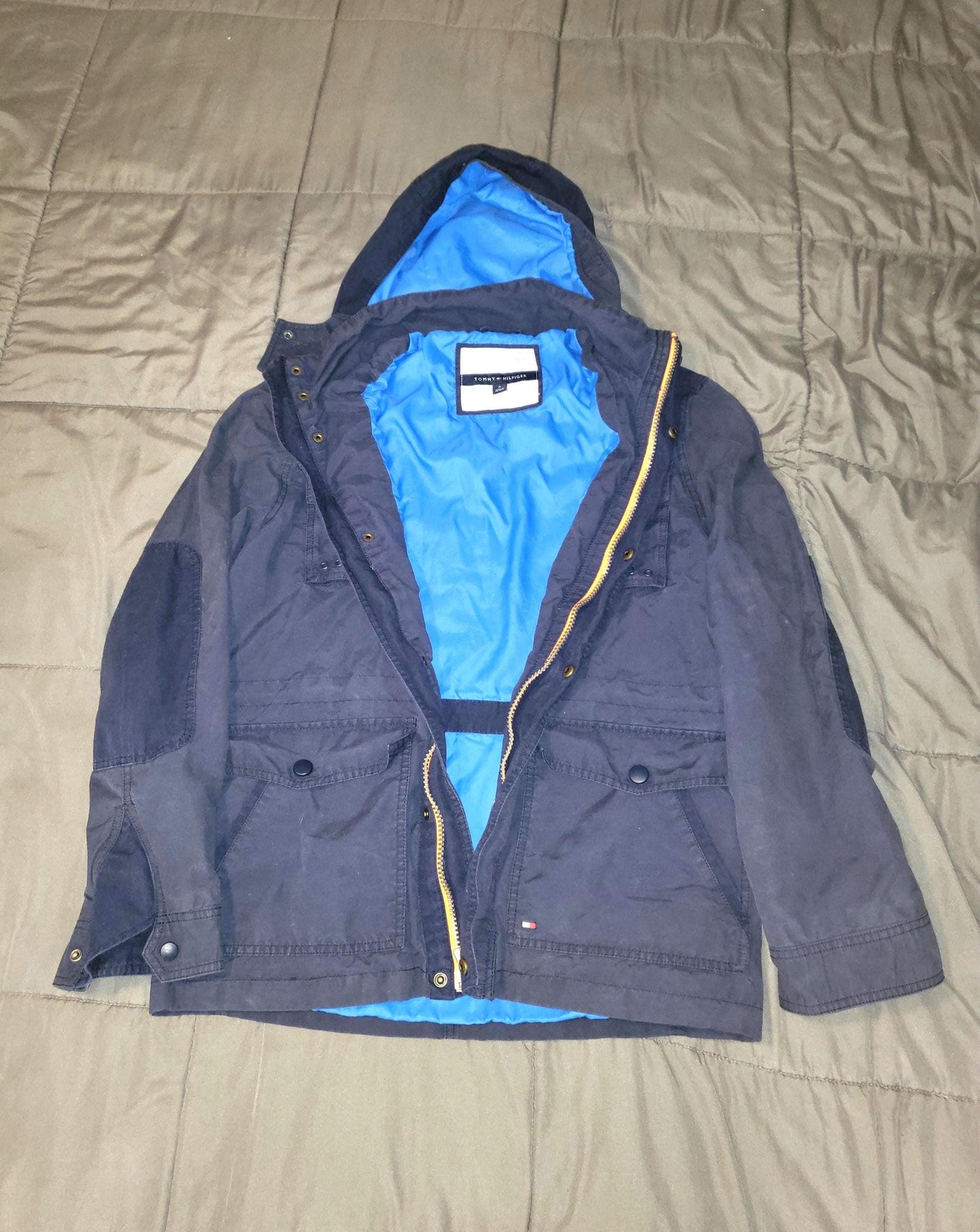Navy Tommy Hilfiger bomber jacket with hood and 4 front pockets