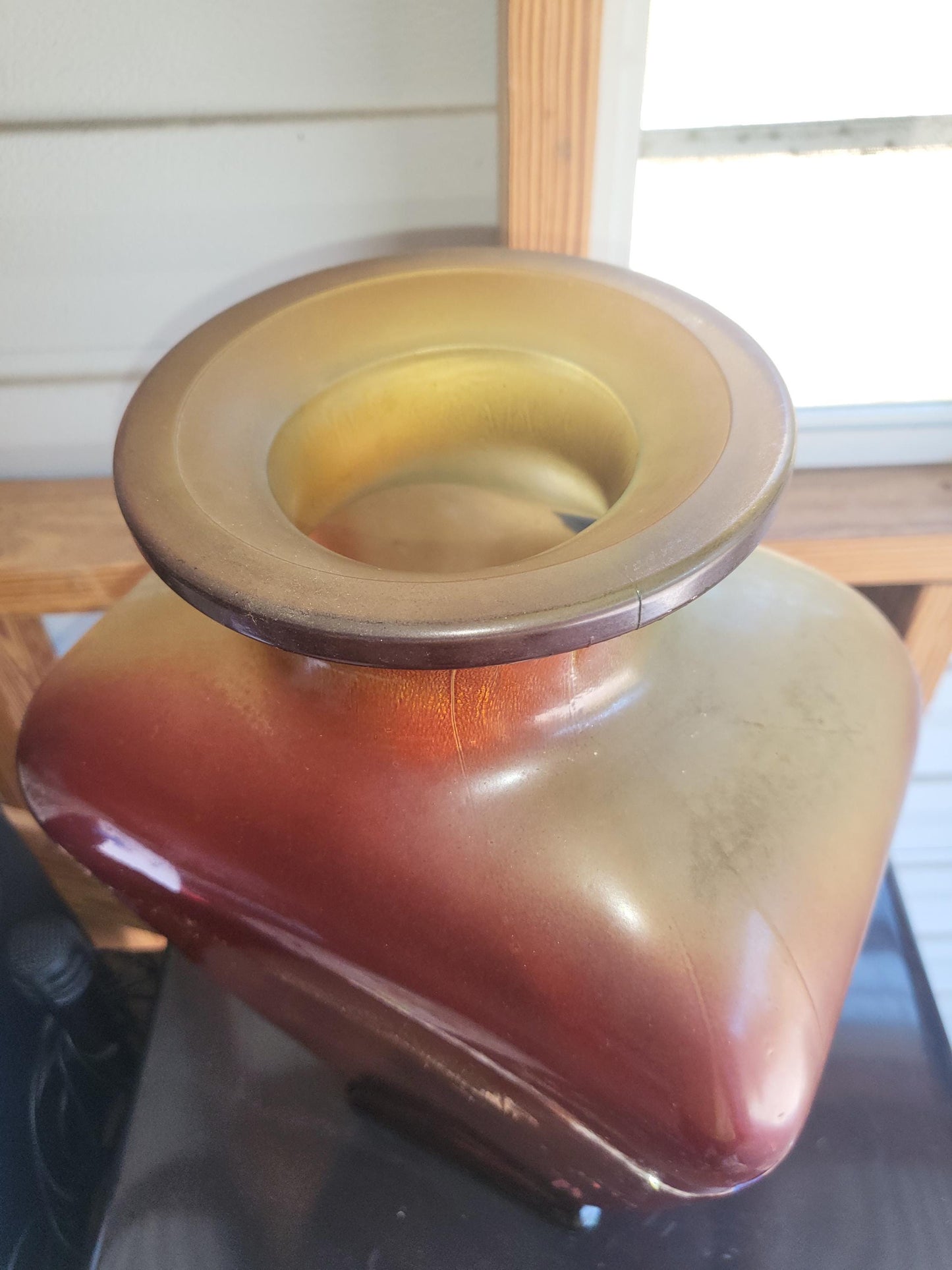 Vintage Glass Vase Mid-Century Modern Red with Bittersweet Orange Flame Glaze 16" Tall