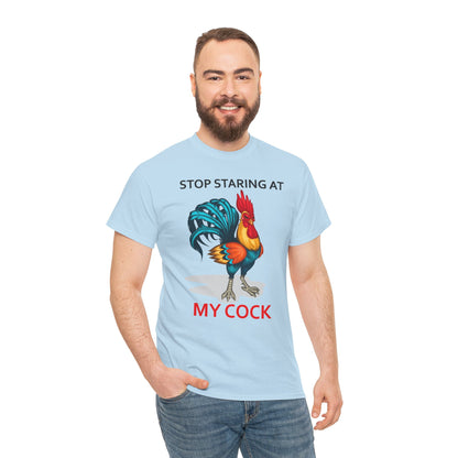 Unisex chicken lover T-shirt featuring humorous "Stop Staring at My Cock" print, farm animal-themed humor tee by Printify