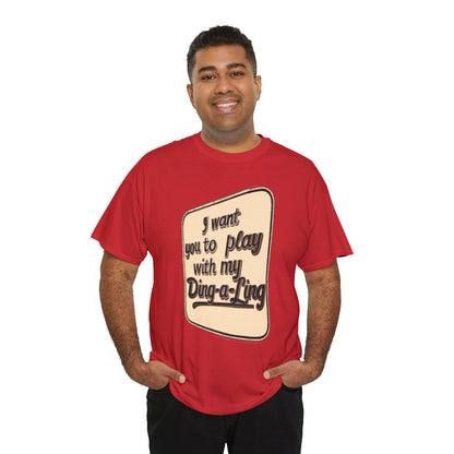 Retro novelty graphic T-shirt by Printify featuring Chuck Berry's humorous "I Want You to Play with My Ding-a-Ling" design.