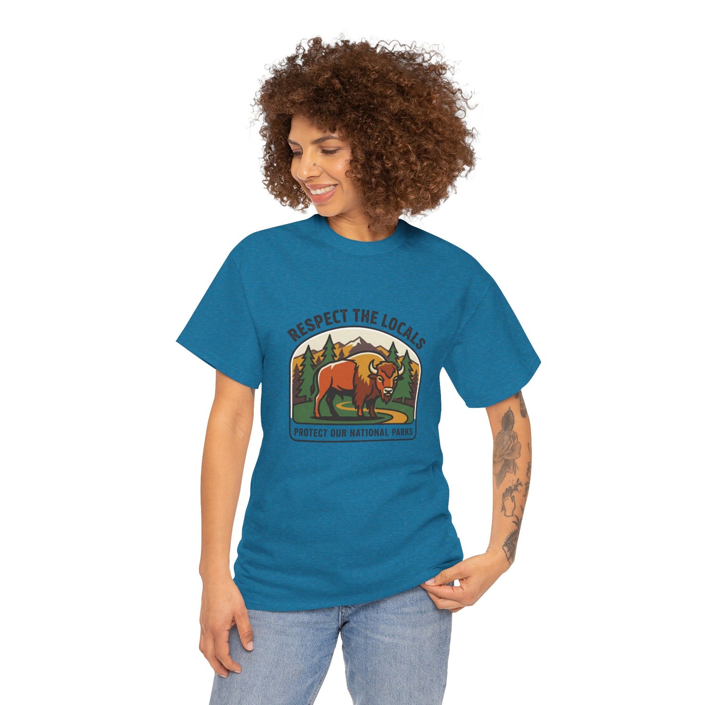 Respect the Locals Bison Patch T-Shirt featuring a bison graphic, perfect for hiking, camping, and national park souvenirs.