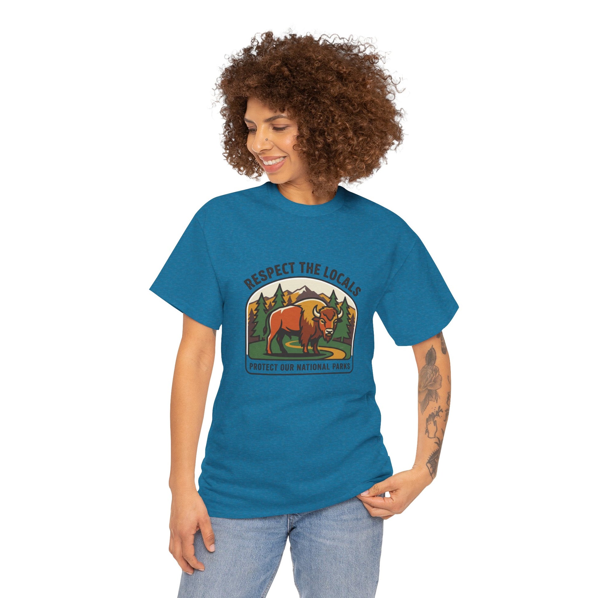 Respect the Locals Bison Patch T-Shirt featuring a bison graphic, perfect for hiking, camping, and national park souvenirs.