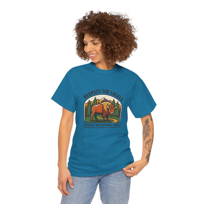 Respect the Locals Bison Patch T-Shirt featuring a bison graphic, perfect for hiking, camping, and national park souvenirs.
