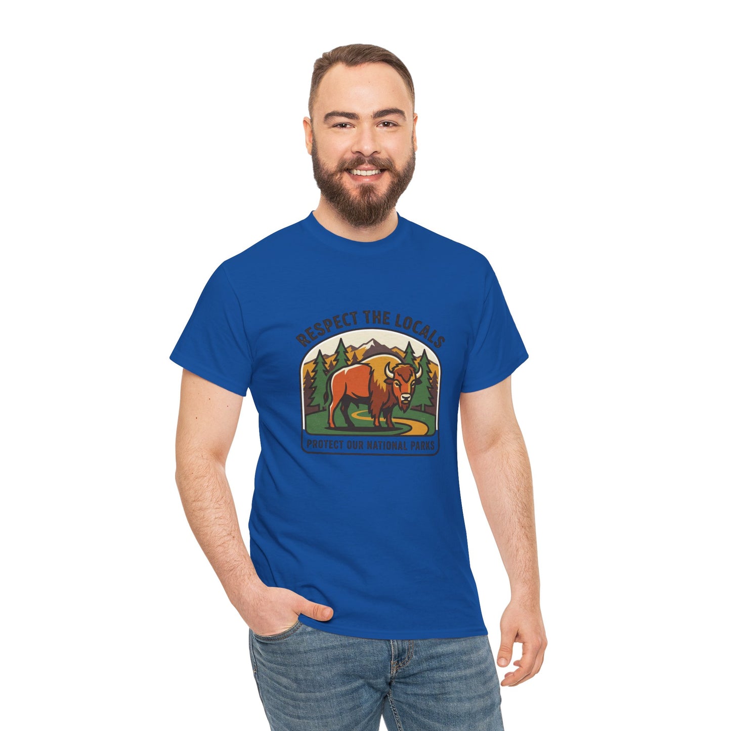 Respect the Locals Bison Patch T-Shirt featuring a bison graphic, ideal for hiking and camping souvenirs.