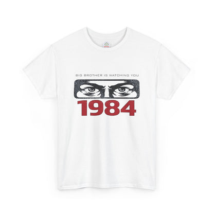 Gray Big Brother Is Watching You 1984 T-Shirt by Printify featuring Orwellian dystopian design and political protest imagery.