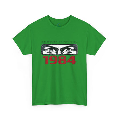 Black "Big Brother Is Watching You" 1984 T-Shirt by Printify featuring Orwellian dystopian design, suitable for political protest.