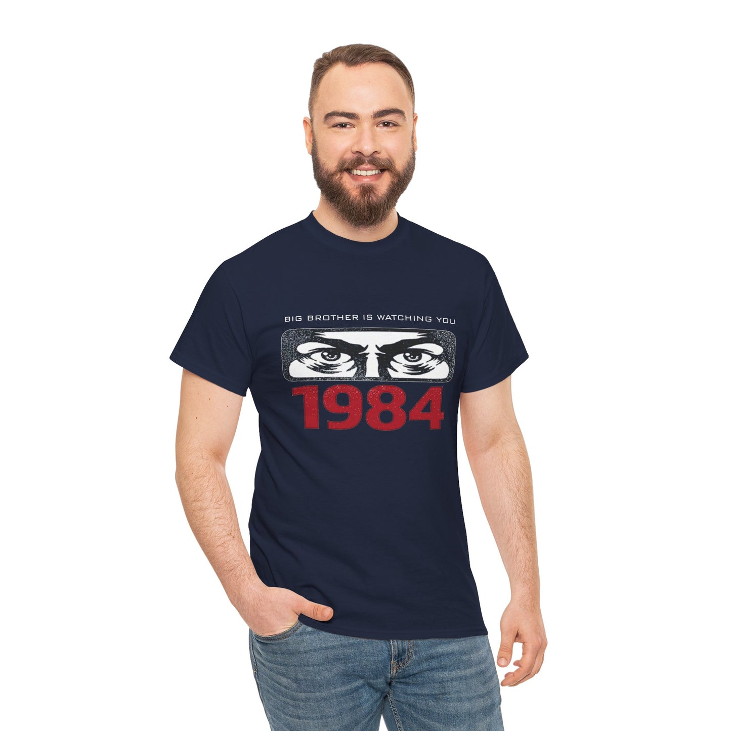 Gray Big Brother Is Watching You 1984 T-Shirt by Printify featuring Orwellian dystopian design and political protest imagery.