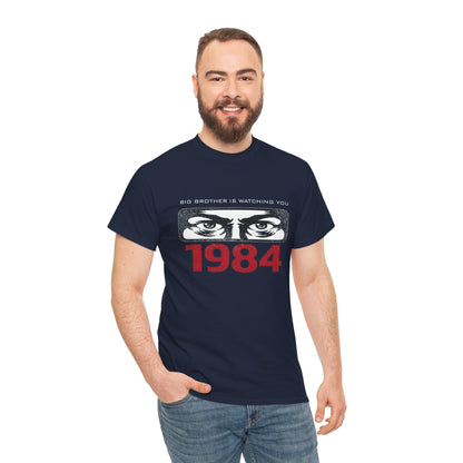 Gray Big Brother Is Watching You 1984 T-Shirt by Printify featuring Orwellian dystopian design and political protest imagery.