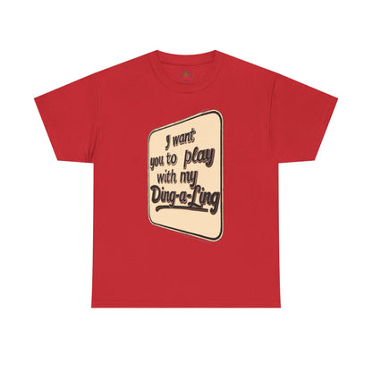 Retro graphic T-shirt by Printify featuring humorous Chuck Berry-inspired "I Want You to Play with My Ding-a-Ling" design.