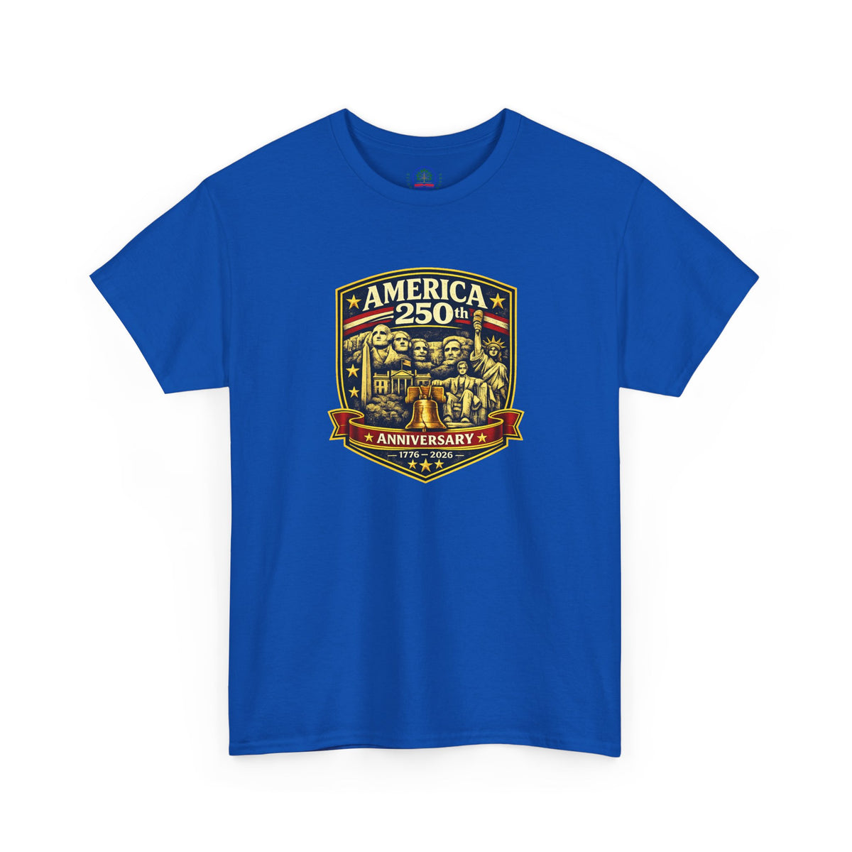 Red, white, and blue America 250th Anniversary T-shirt featuring patriotic badge design by Printify, casual USA celebration tee.