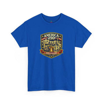 Red, white, and blue America 250th Anniversary T-shirt featuring patriotic badge design by Printify, casual USA celebration tee.