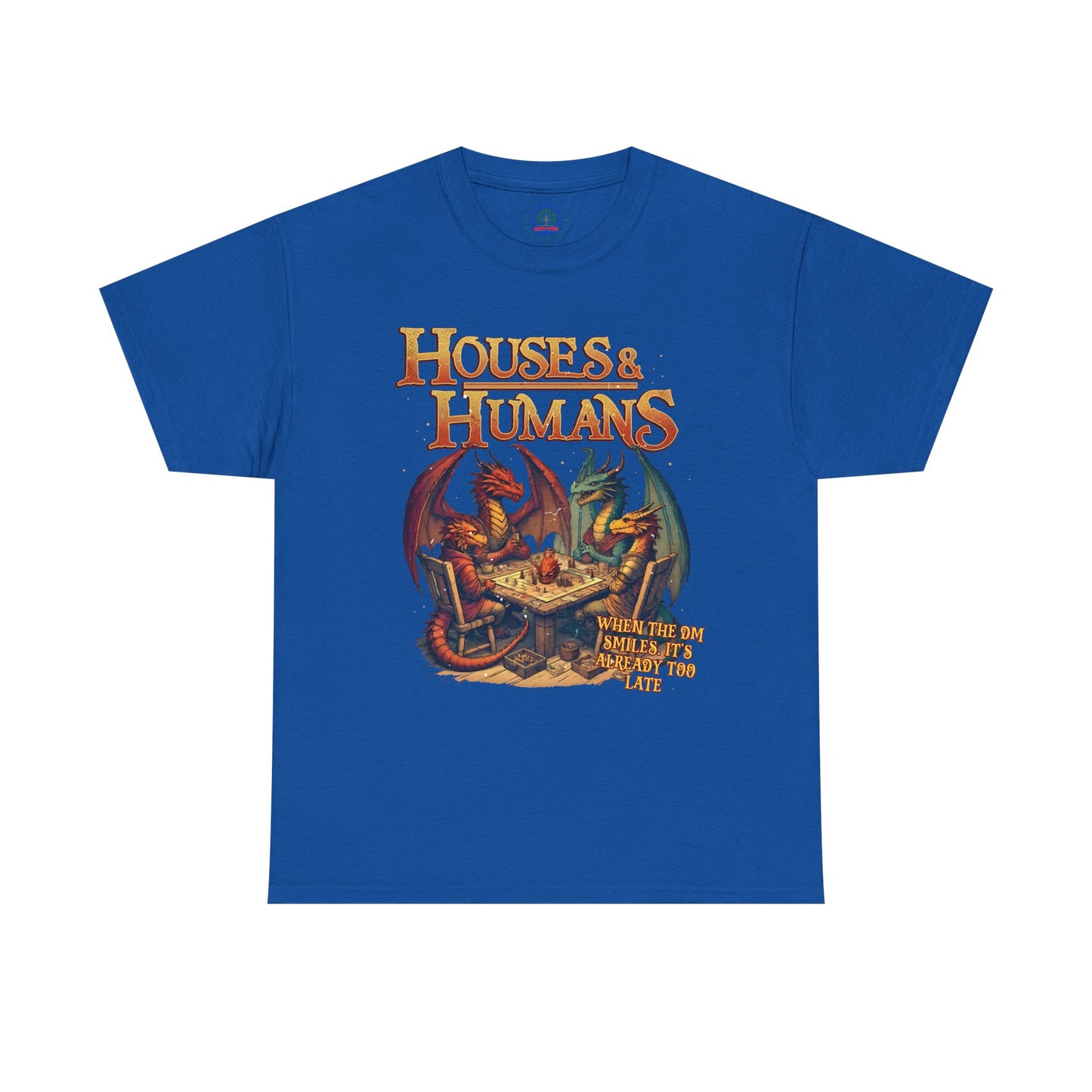 Gray T-shirt featuring Houses and Humans Role-Playing Tee design, perfect for RPG and geek roleplay fans.