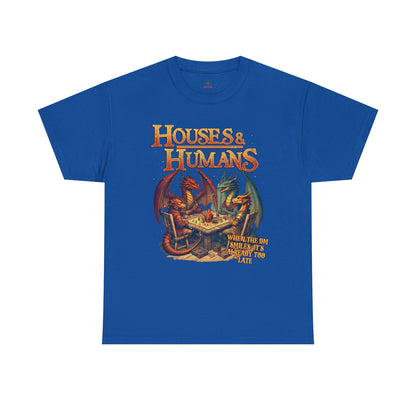 Gray T-shirt featuring Houses and Humans Role-Playing Tee design, perfect for RPG and geek roleplay fans.