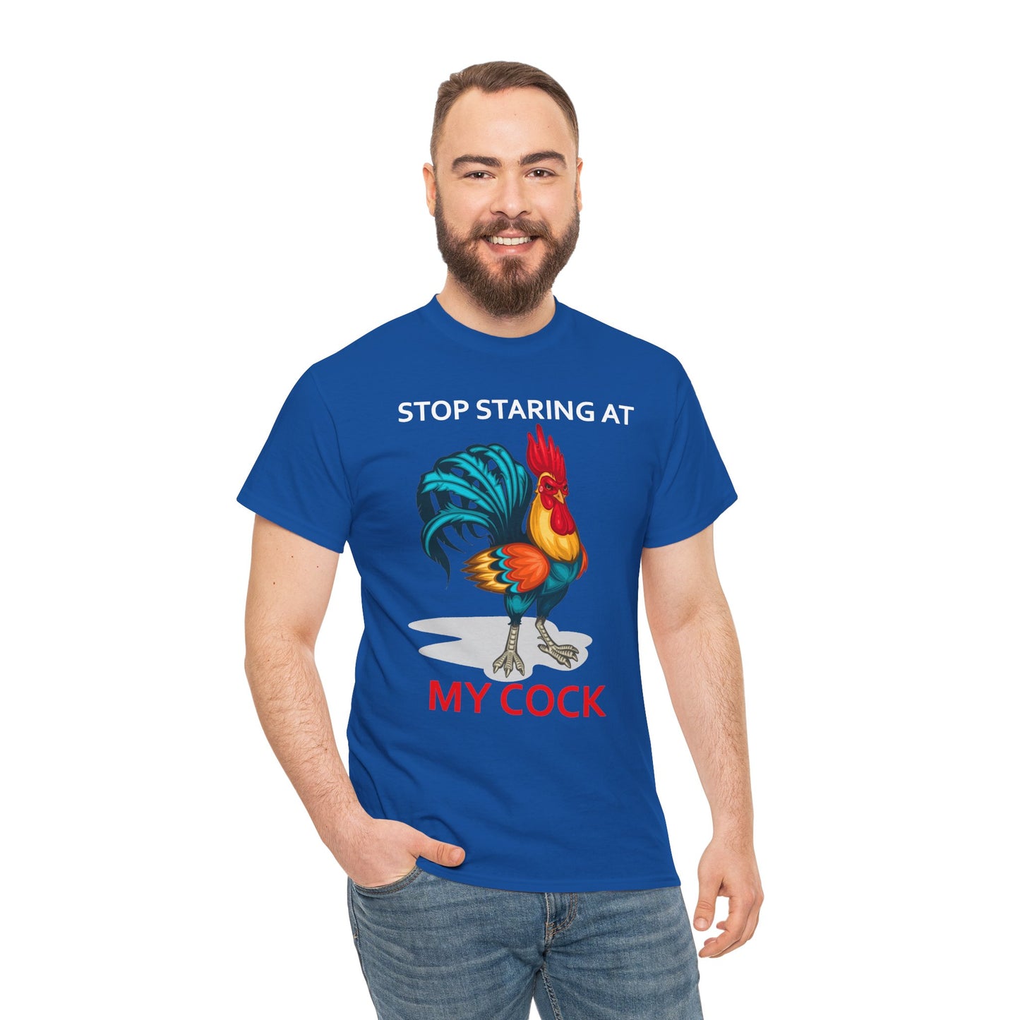 Unisex chicken-themed T-shirt with humorous "Stop Staring at My Cock" print, ideal for chicken lovers and farm animal enthusiasts.