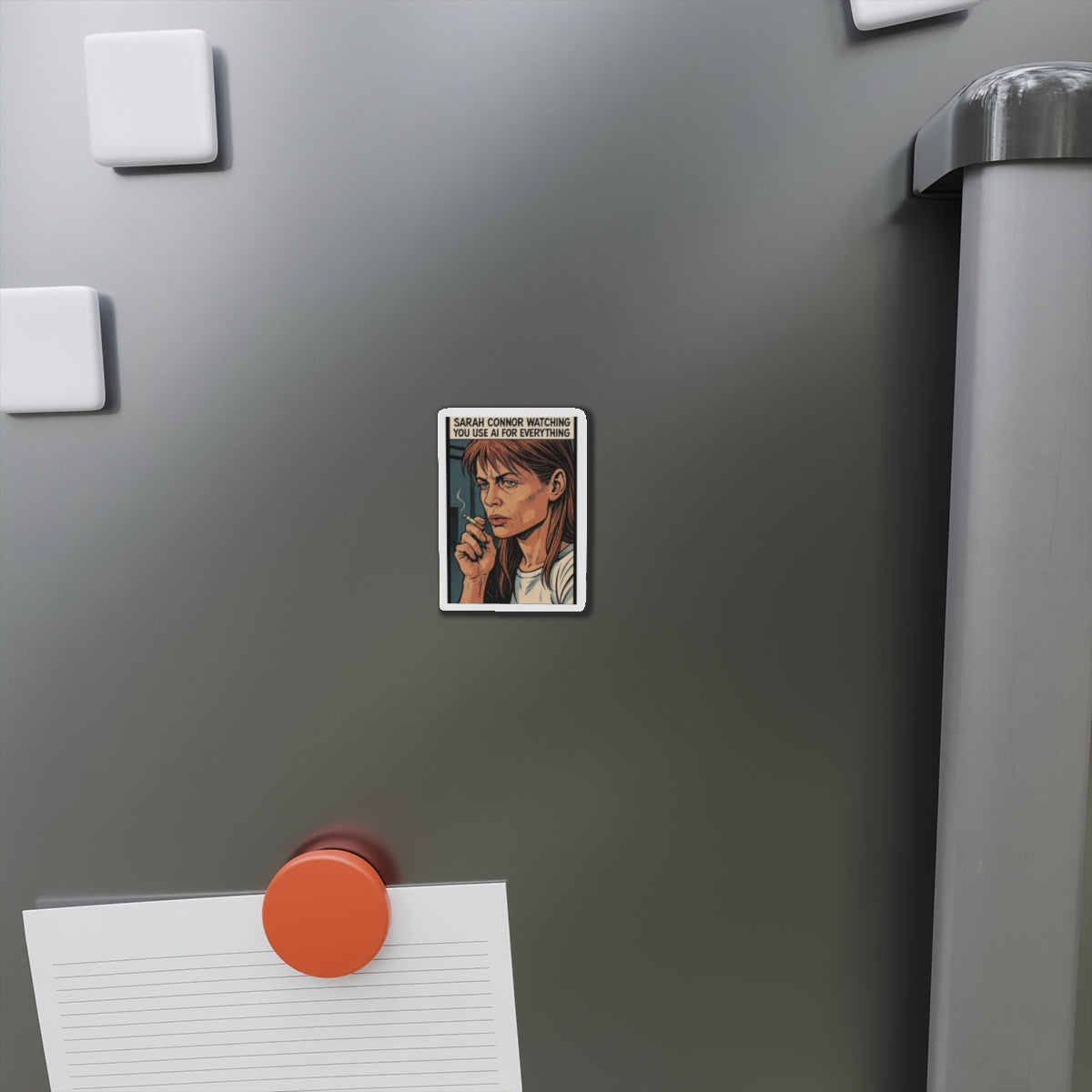 Sarah Connor die-cut magnet featuring her watching with a cyberpunk-inspired, sarcastic design for home decor.
