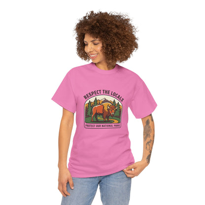 Respect the Locals Bison patch T-shirt by Printify featuring a bison graphic, perfect for hiking, camping, and national park souvenirs.