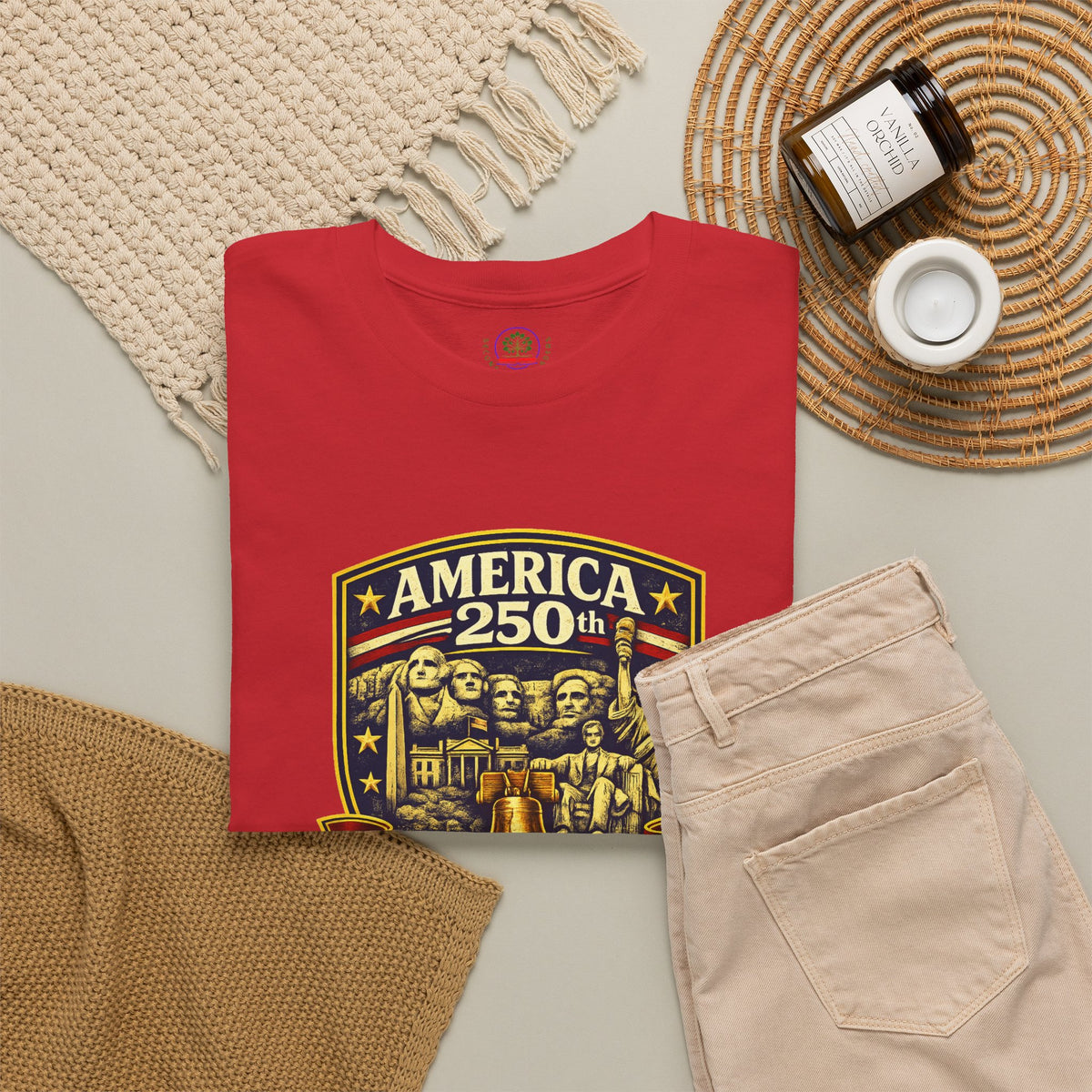Printify America 250th Anniversary patriotic T-shirt with USA badge design, showcasing red, white, and blue colors and American flag elements.