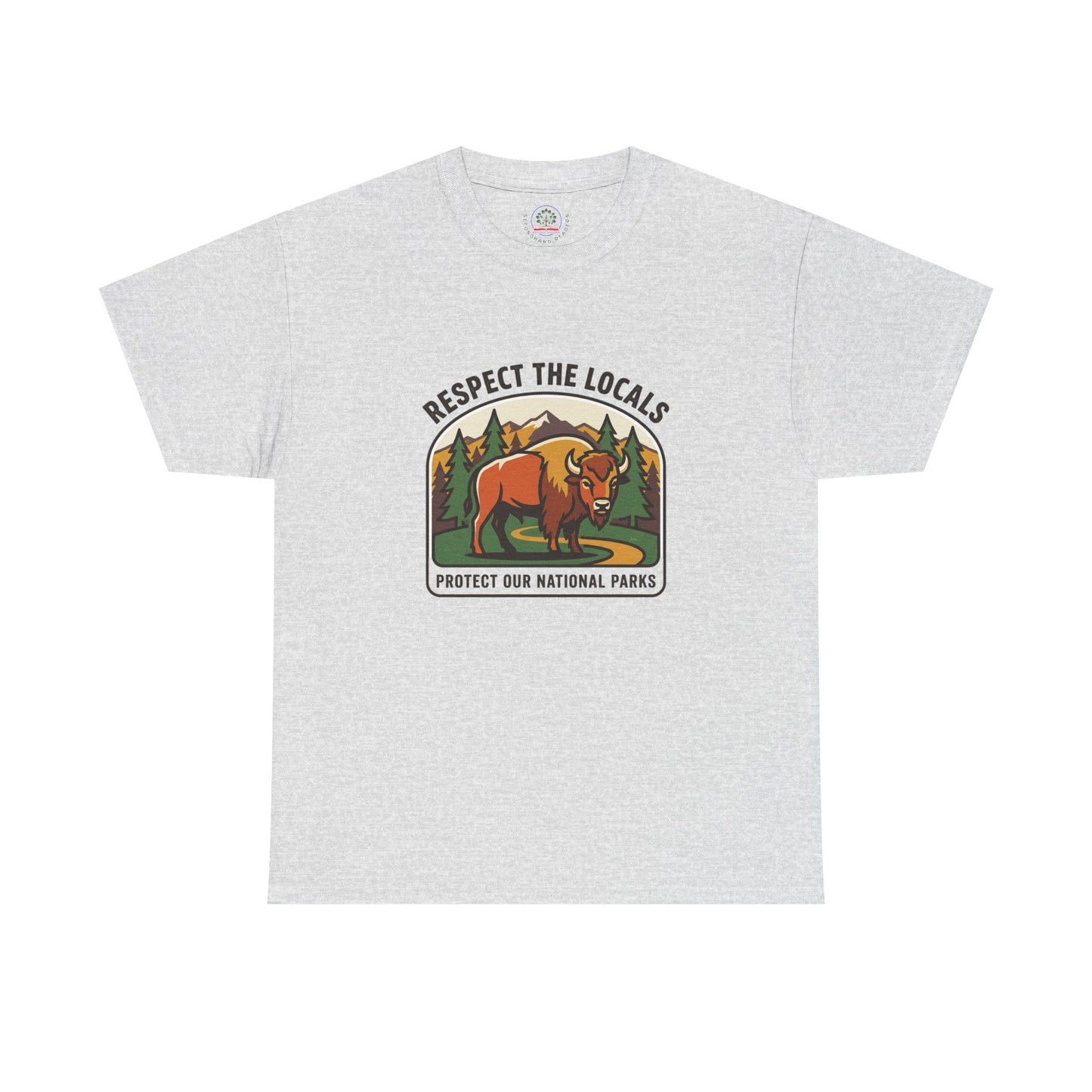 Respect the Locals Bison Patch T-Shirt featuring a bison graphic, perfect for hiking and camping souvenirs.