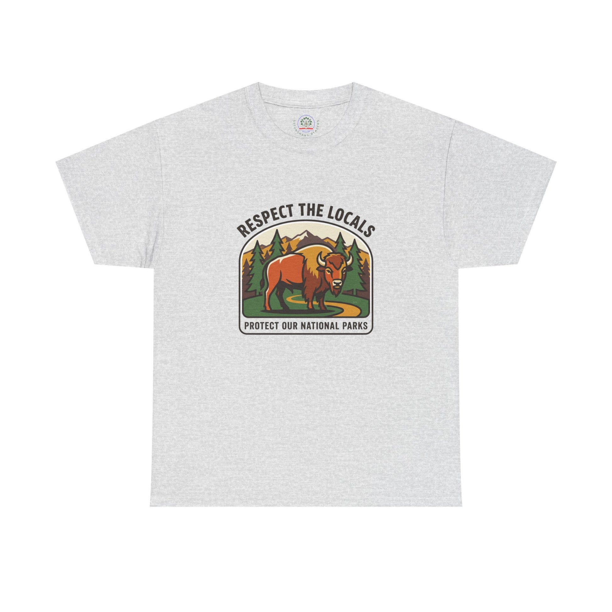 Respect the Locals Bison Patch T-Shirt featuring a bison graphic, perfect for hiking and camping souvenirs.