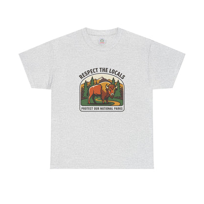 Respect the Locals Bison Patch T-Shirt featuring a bison graphic, perfect for hiking and camping souvenirs.