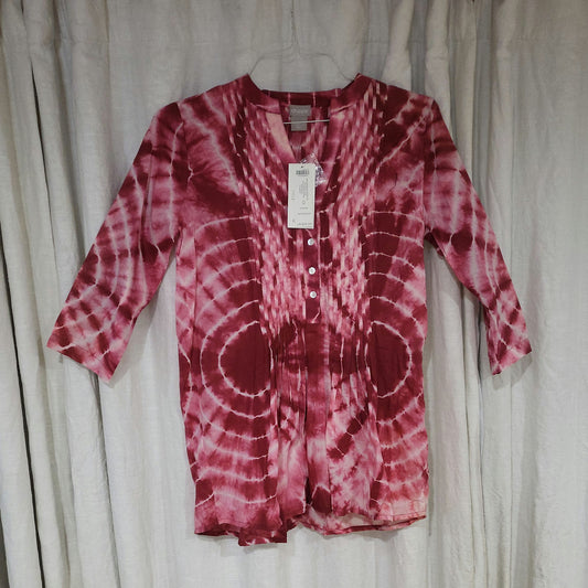 Chico’s small Tie-Dye Pintuck Peasant Tunic Blouse Cherry Red size 0 NEW - Secondhand Readers