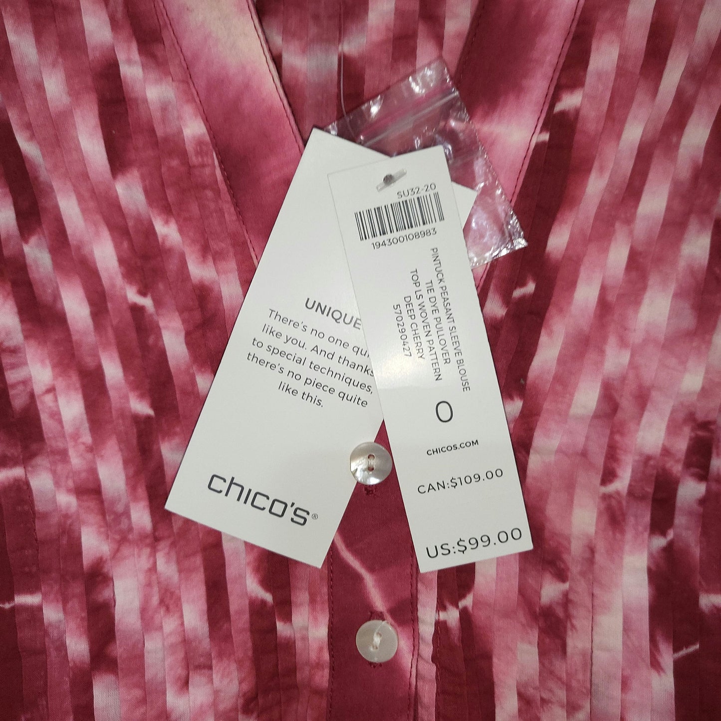 Chico’s small Tie-Dye Pintuck Peasant Tunic Blouse Cherry Red size 0 NEW