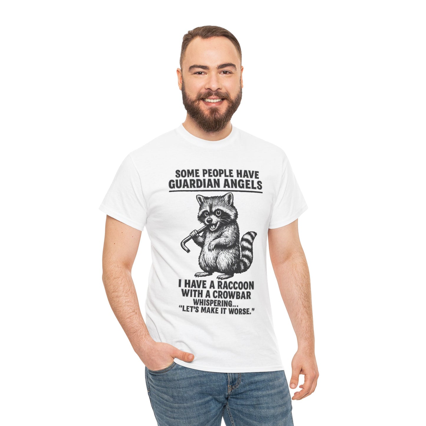 Raccoon with crowbar graphic T-shirt featuring "Some People Have Guardian Angels" slogan, printed on a Printify t-shirt.