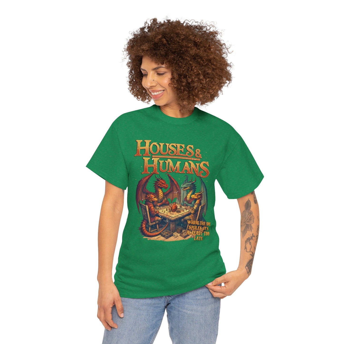 Black T-Shirt featuring Houses and Humans Role-Playing design, ideal for RPG and TCG fans, casual geek gift from Printify.