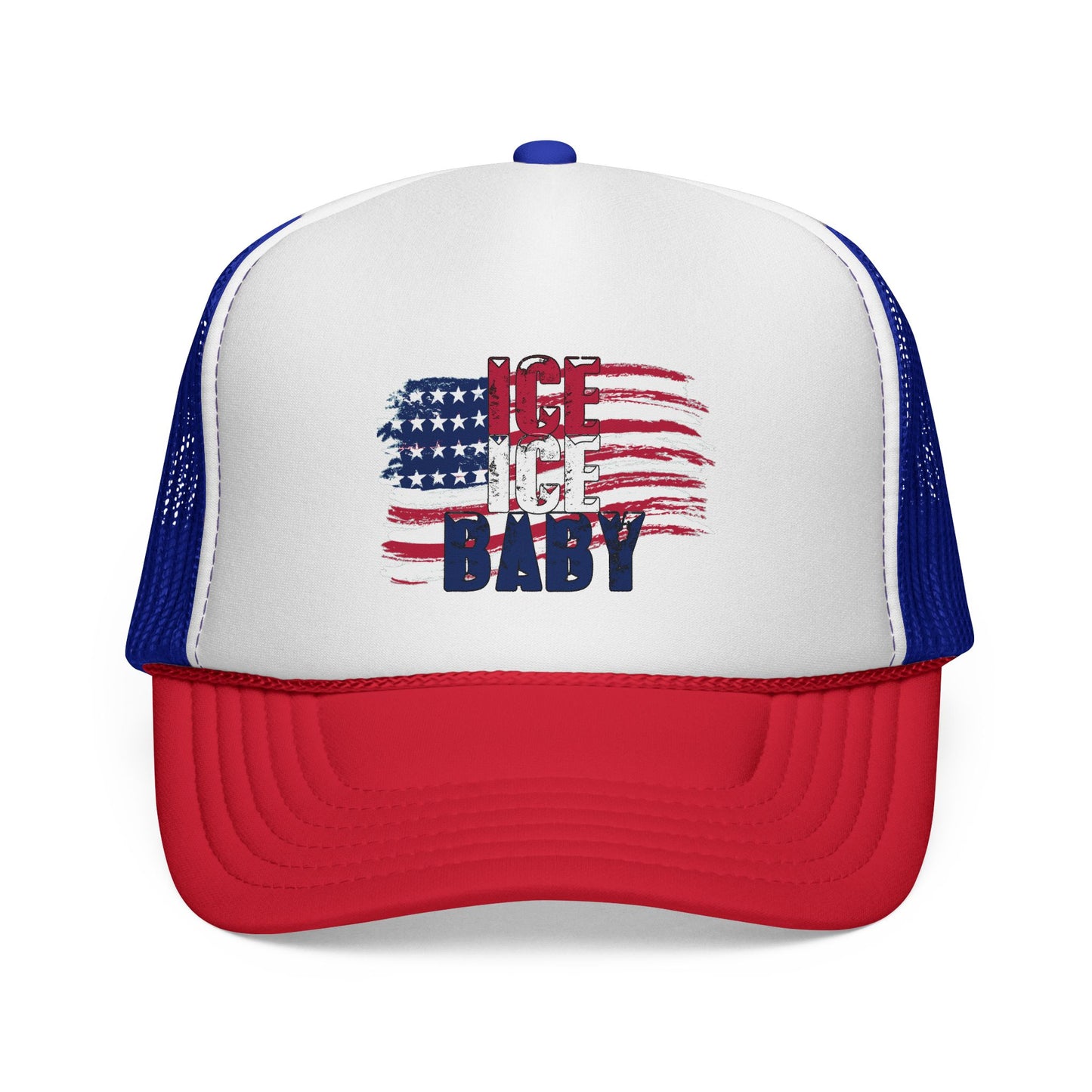 Patriotic Hat, Unisex Trucker Cap, Ice Ice Baby American Flag, America First, Red White and Blue, USA - Secondhand Readers