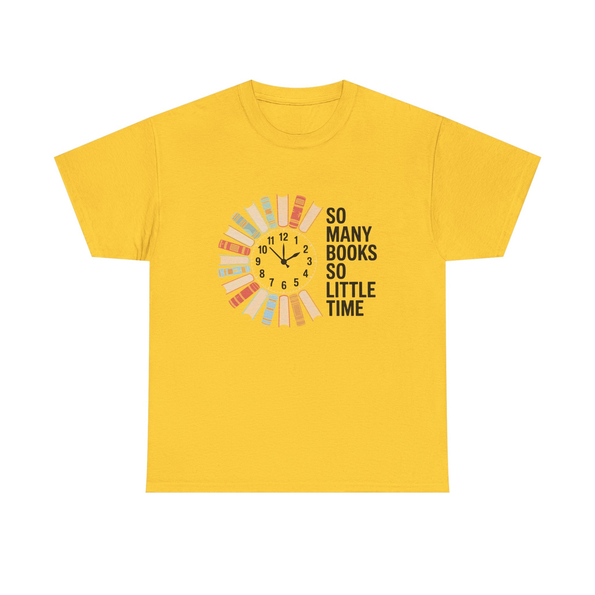 Printify T-shirt featuring a reading clock design with the phrase "So Many Books So Little Time," perfect for book lovers.