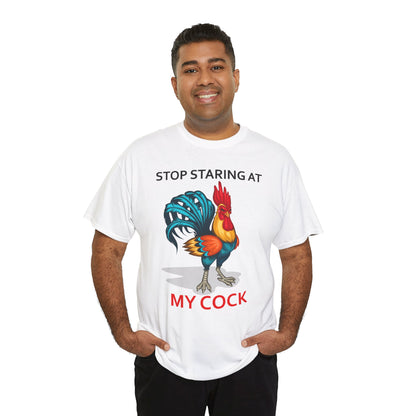 Funny chicken lovers T-shirt featuring a humorous "Stop Staring at My Cock" graphic, unisex farm animal design by Printify.