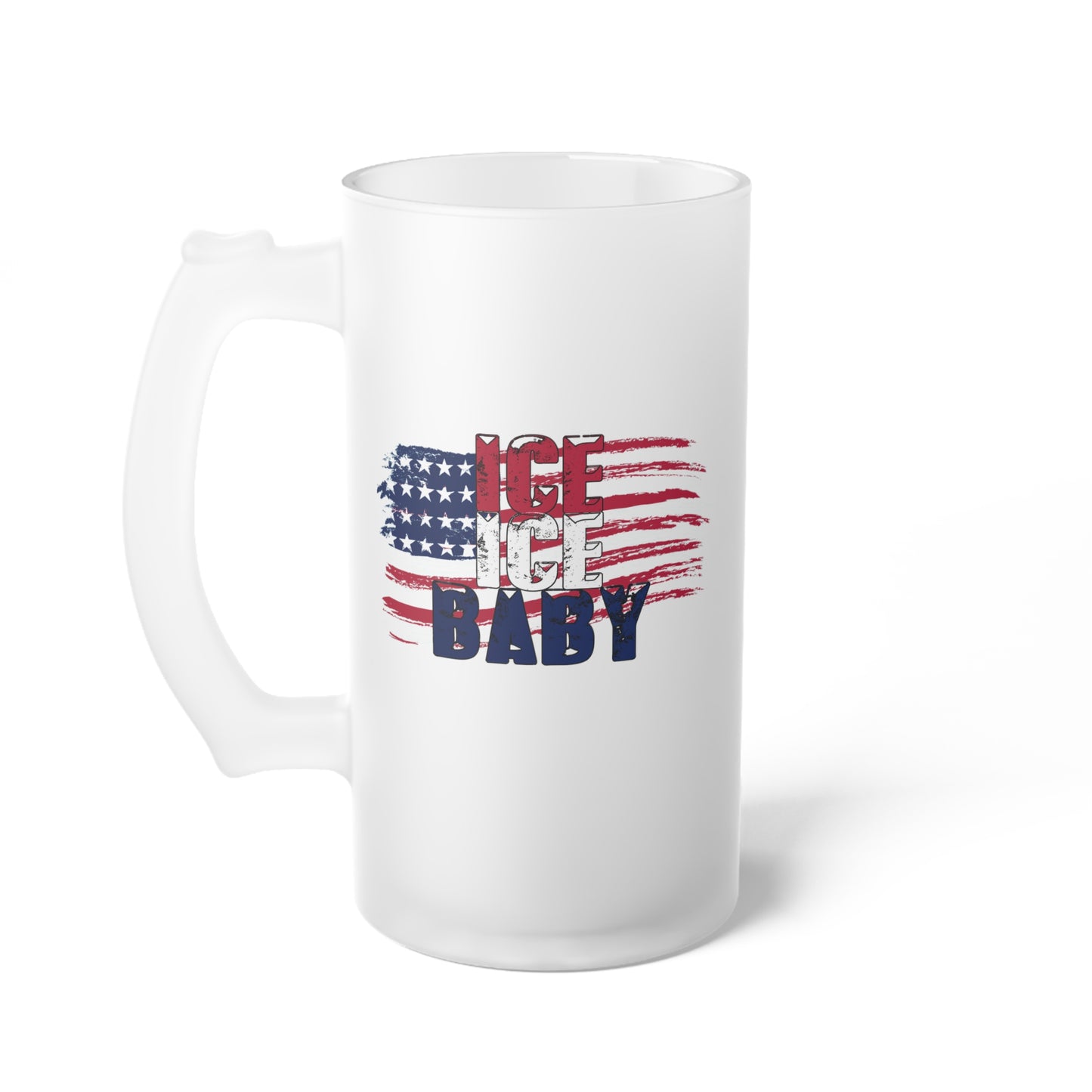 Patriotic Brushstroke Frosted Glass Beer Mug, Ice Ice Baby American Flag, America First, Red White and Blue, USA Beer Stein