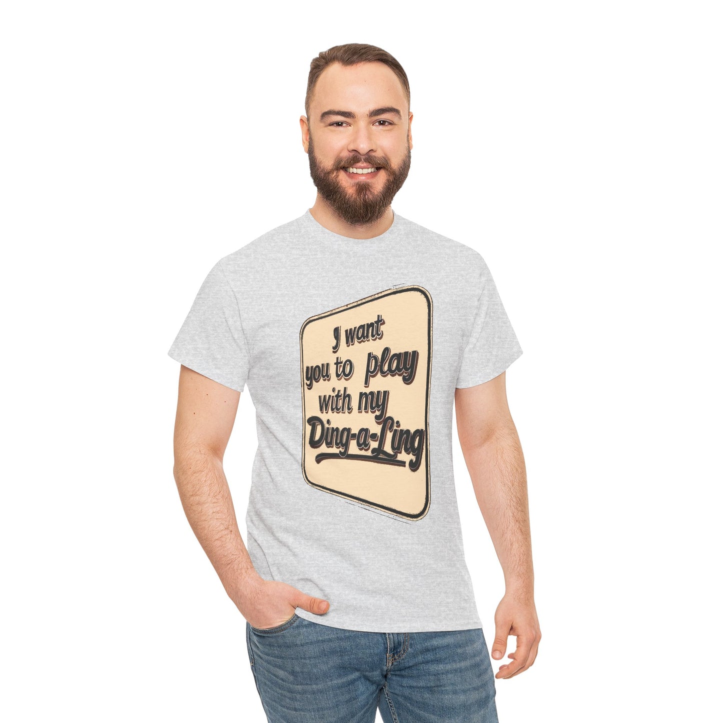 Printify graphic T-shirt featuring humorous retro Chuck Berry "I Want You to Play with My Ding-a-Ling" design, casual novelty tee