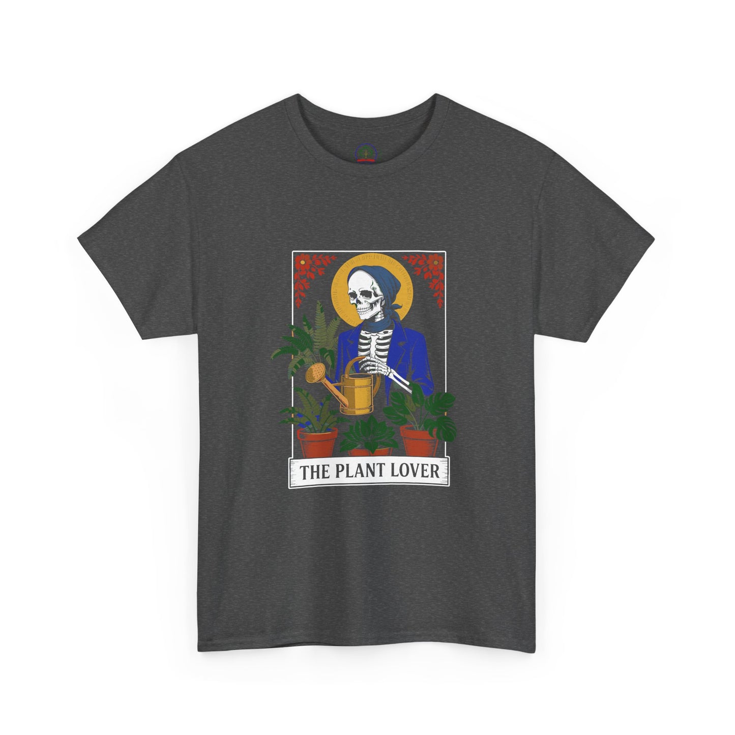 Plant lover T-shirt featuring a tarot card design with plant illustrations, casual fit, and printed by Printify.