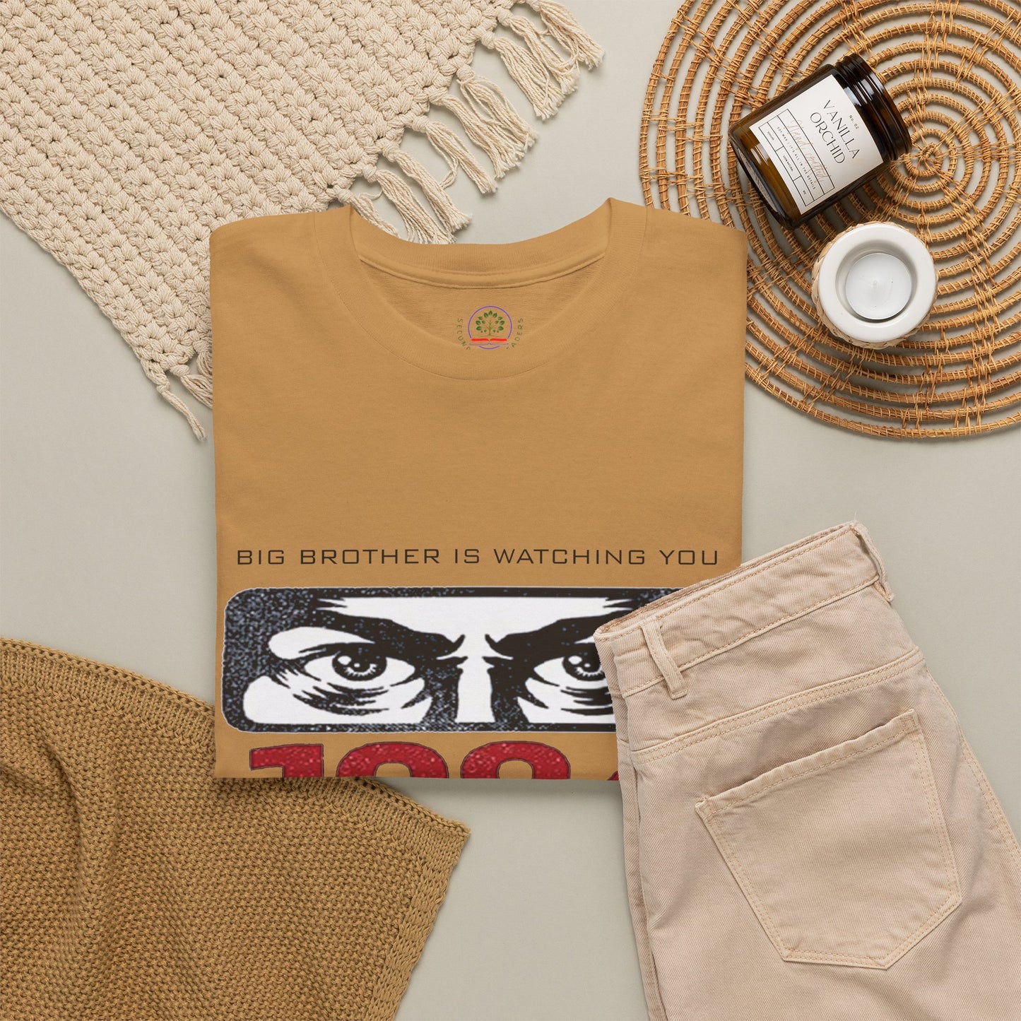 Black Big Brother Is Watching You 1984 T-Shirt featuring George Orwell's dystopian surveillance theme, printed by Printify.