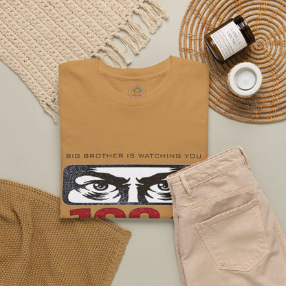 Black Big Brother Is Watching You 1984 T-Shirt featuring George Orwell's dystopian surveillance theme, printed by Printify.
