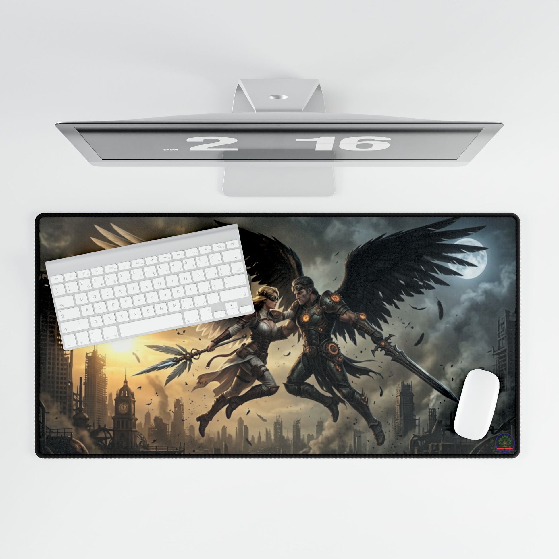 Cyberpunk Clash of Angels themed gaming desk mat and oversized mousepad, featuring vibrant, detailed artwork for MTG TCG and gaming decor.