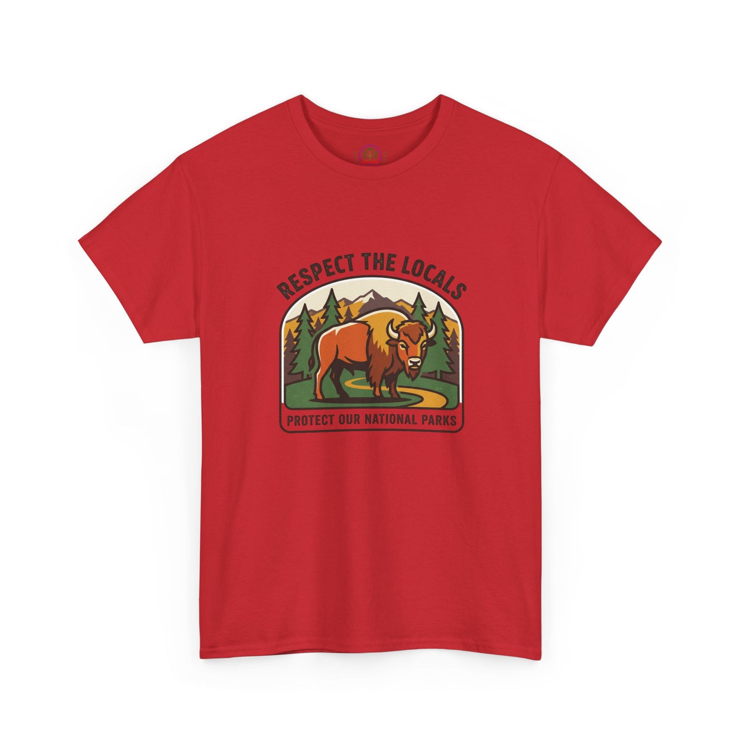 Respect the Locals Bison Patch T-Shirt by Printify featuring a bison patch design, ideal for hiking and camping souvenirs.
