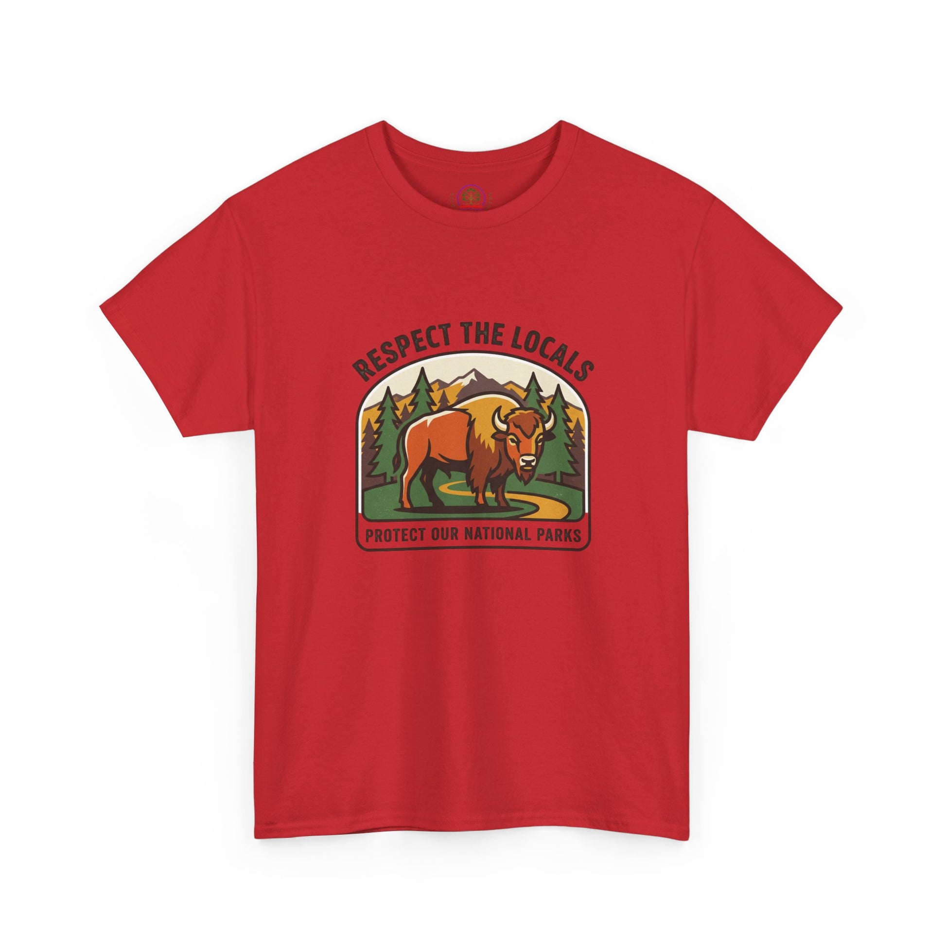 Respect the Locals Bison Patch T-Shirt by Printify featuring a bison patch design, ideal for hiking and camping souvenirs.