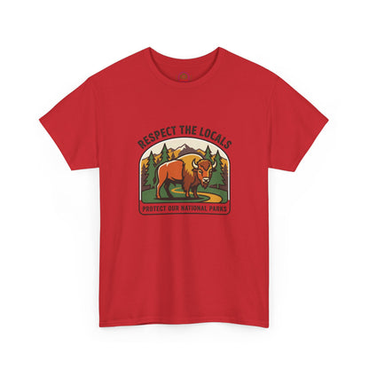 Respect the Locals Bison Patch T-Shirt by Printify featuring a bison patch design, ideal for hiking and camping souvenirs.