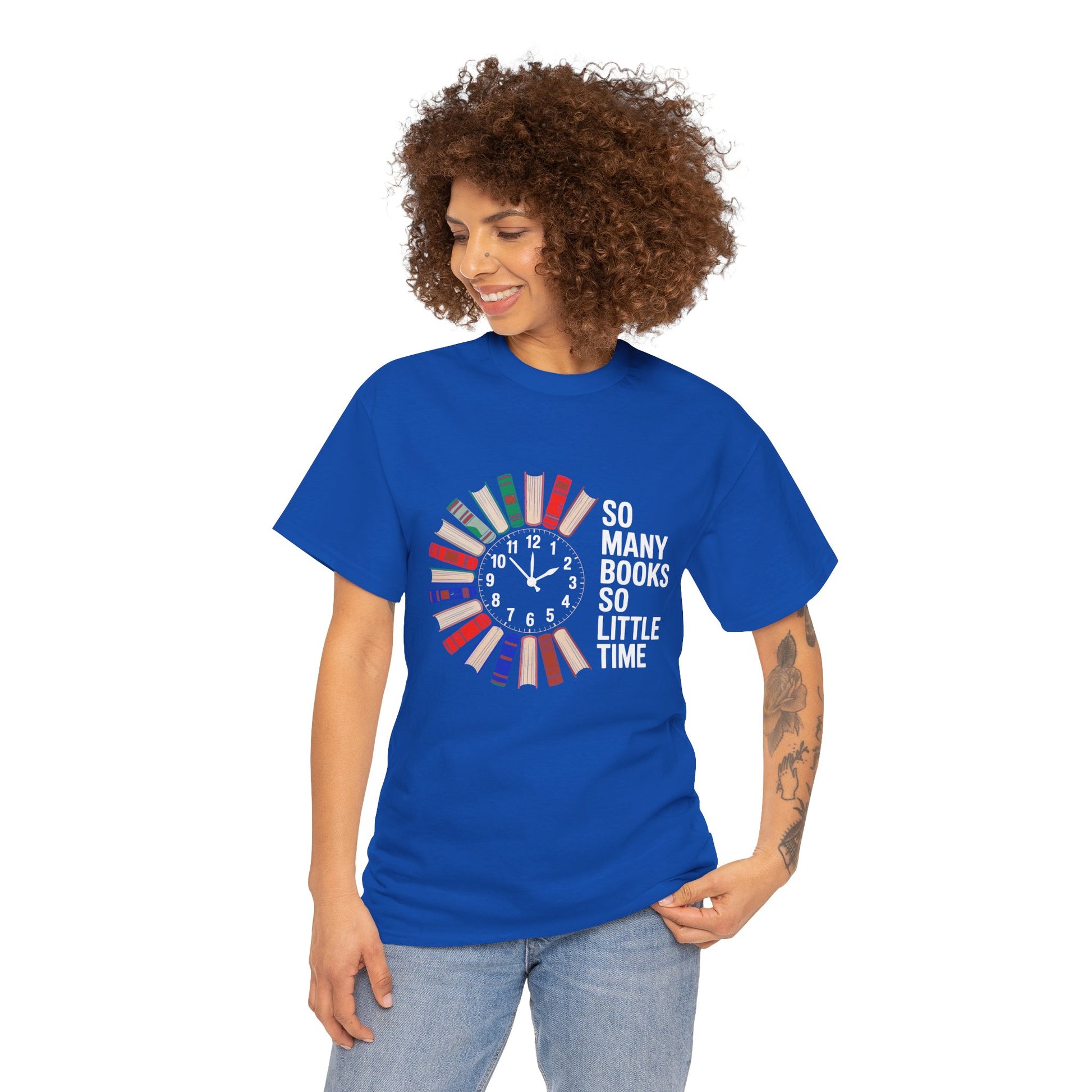 So Many Books So Little Time T-Shirt featuring a reading clock design for book lovers, made by Printify.