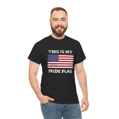 Unisex patriotic T-shirt by Printify featuring a distressed American flag and "This Is My Pride Flag" slogan.