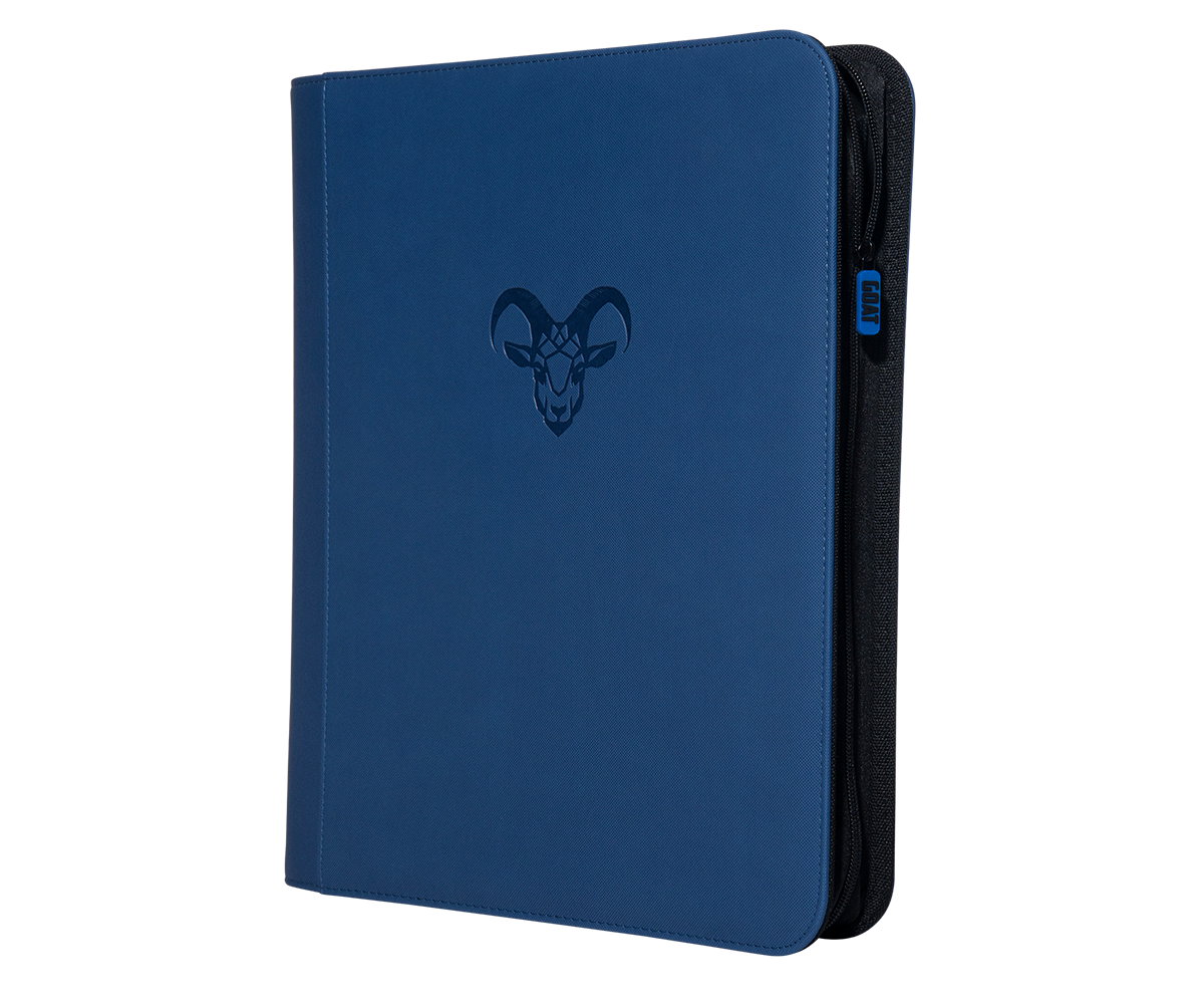 Navy blue 9 pocket TopLoader binder by Goat Armor with clear plastic pages for secure card storage.
