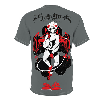 Black Clover anime unisex T-shirt featuring Asta demon print, all-over manga-inspired design in black and vibrant colors.