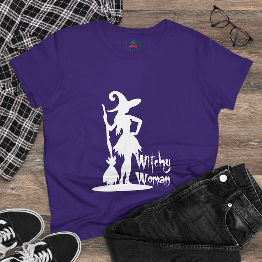Witchy Woman T-shirt for women featuring spooky Halloween-themed print, made with midweight cotton, from Printify.