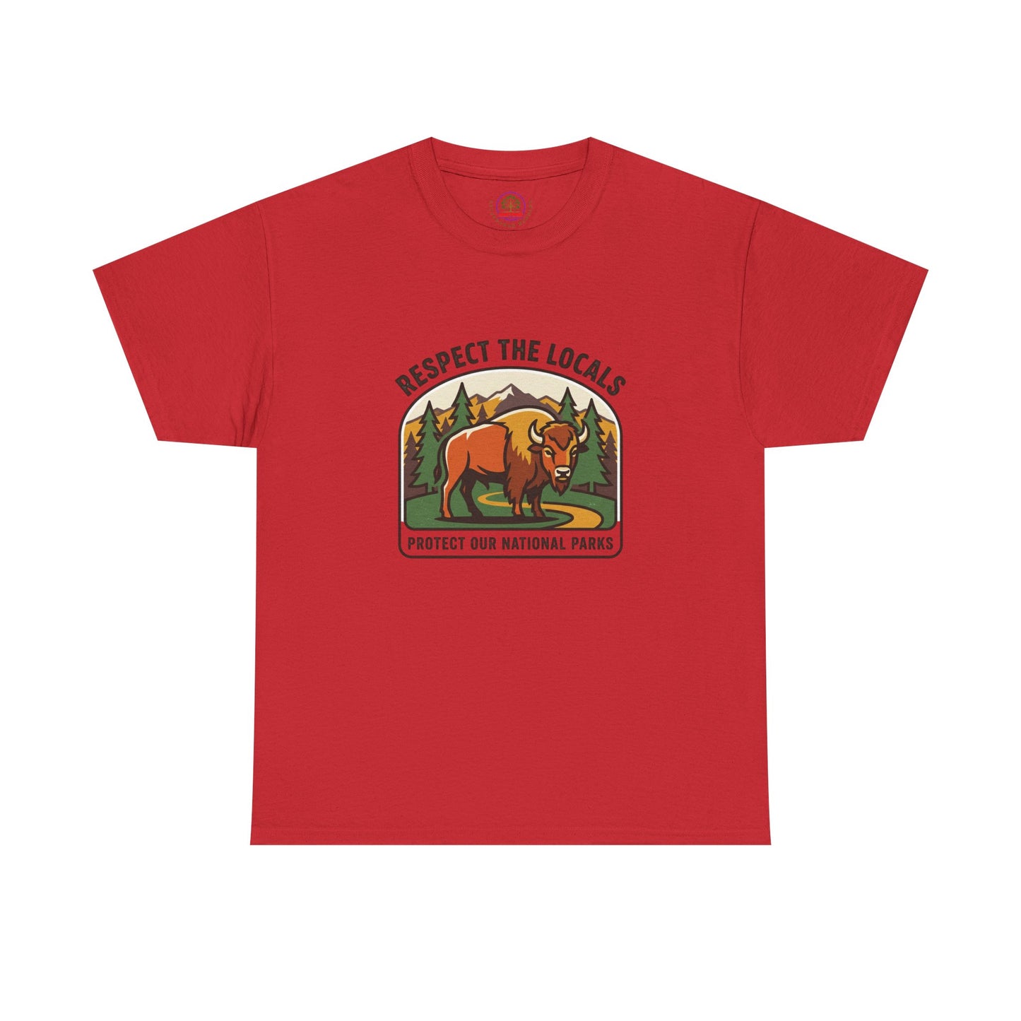 Respect the Locals Bison Patch T-Shirt featuring a bison patch design, ideal for national park hiking and camping souvenirs.