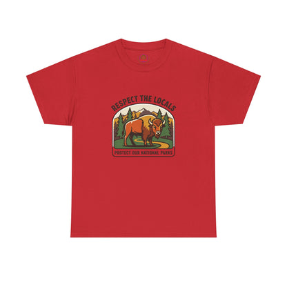 Respect the Locals Bison Patch T-Shirt featuring a bison patch design, ideal for national park hiking and camping souvenirs.