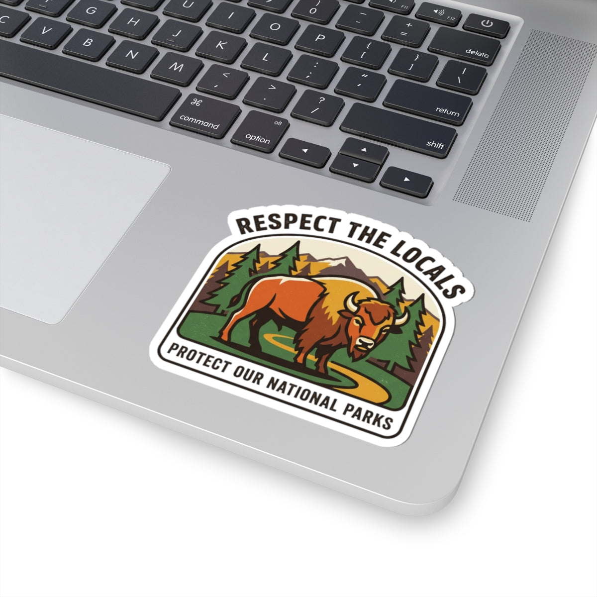 Respect the Locals buffalo sticker featuring a protect our national parks design, ideal for hiking and camping gear.